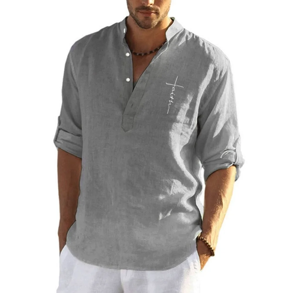 New solid color cotton and linen loose long-sleeved shirt fashion stand-up collar men's casual shirt