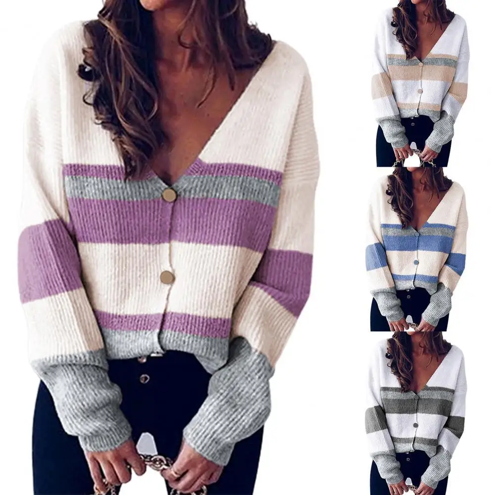 

Женский свитер в полоску Ele-Choice, осенне-зимний свободный однобортный Вязаный топ с V-образным вырезом, кардиган для повседневного офиса