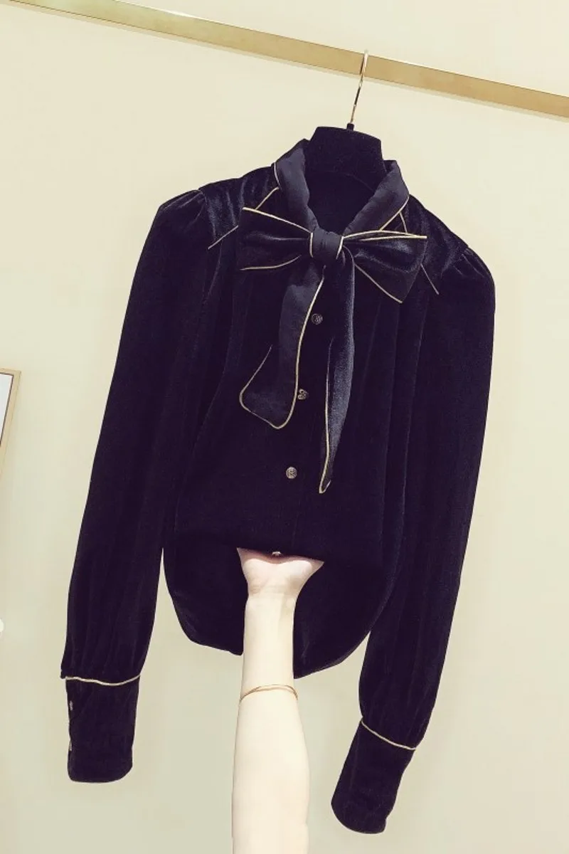 

Vintage Shirts Bandage Cloth Bow Velvet Long-sleeved Shirt Women's 2020 Spring Retro Blouse Woman Black Blouses Women Tops Mujer