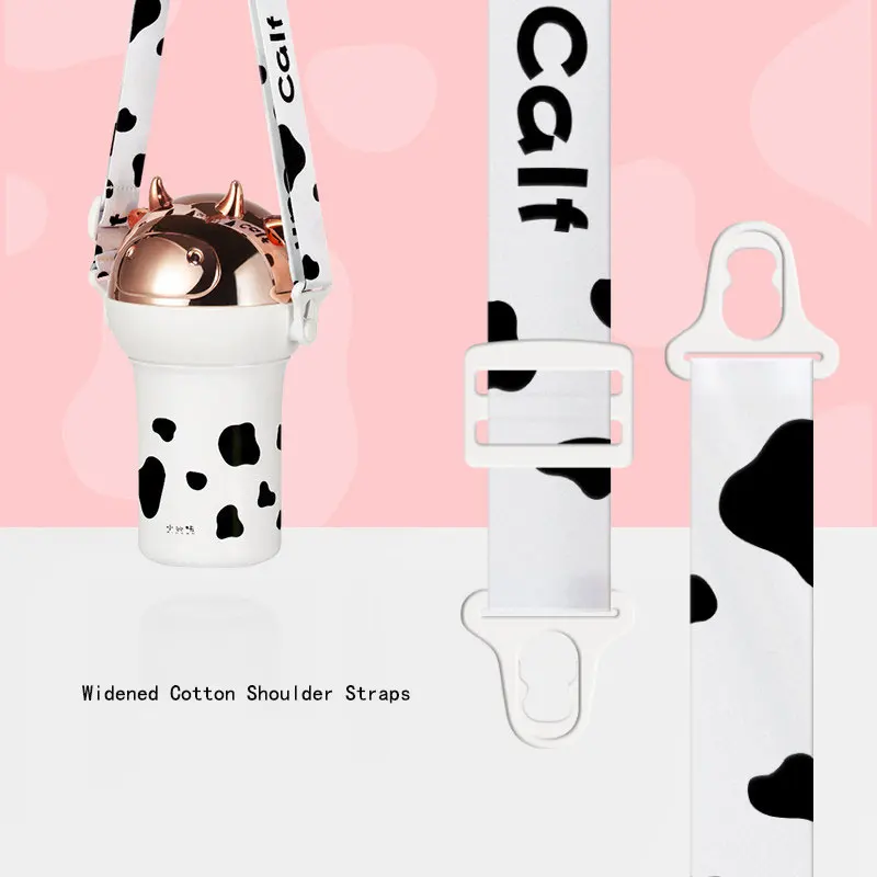 

Children'S Summer Plastic Portable Water Bottle With Back Rope Water Kettle Primary School Creative Cute Cow Head Straw Cup