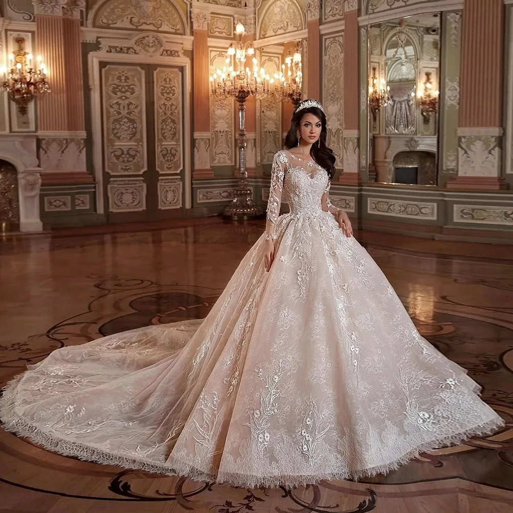 

Custom Made Champagne Regular Long Sleeve Wedding Dresses Beading Lace Princess Bridal Gowns