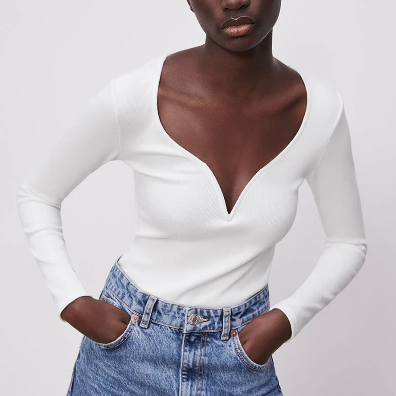 

ZA Summer Unique Bodysuit Women 2021 New Silm Blouse Long Sleeve Rompers Casual Deep V-Neck Streetwear Club Tops