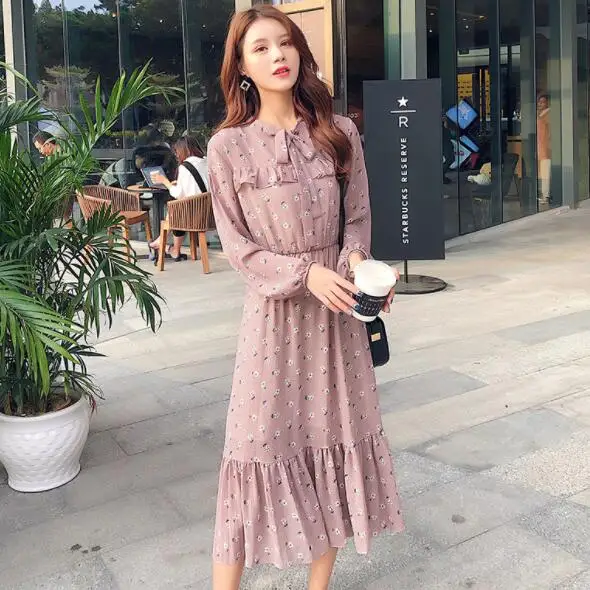 Женское платье с цветочным принтом бантом и длинным рукавом шифоновое высокой