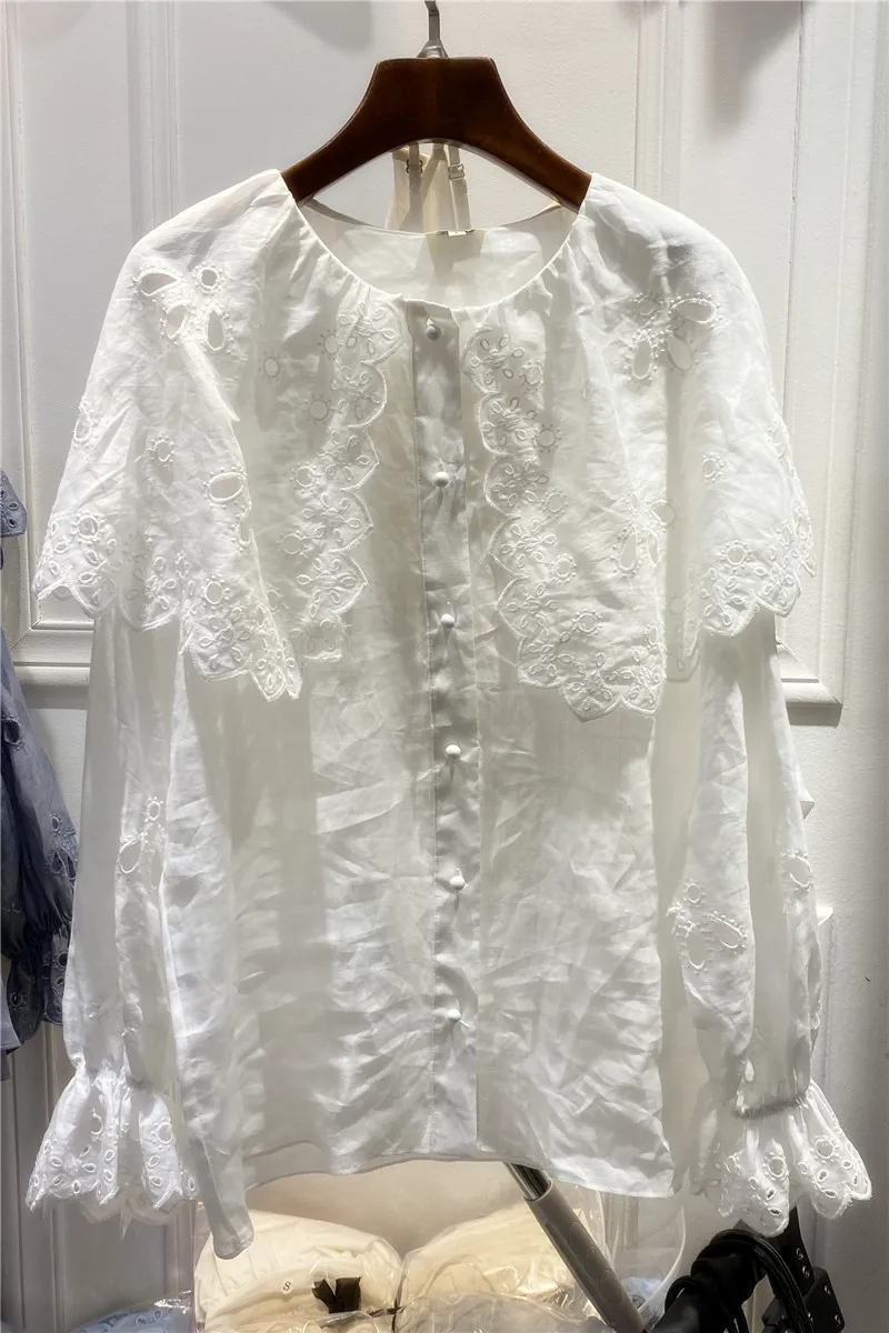 

Big collar pure color shirt spring 2021 new women's clothing buttons falbala loose lantern sleeve with sling shirt