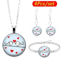 love birds art photo jewelry set cabochon glass pendant necklace earring bracelet totally 4 pcs for womens fashion party gifts