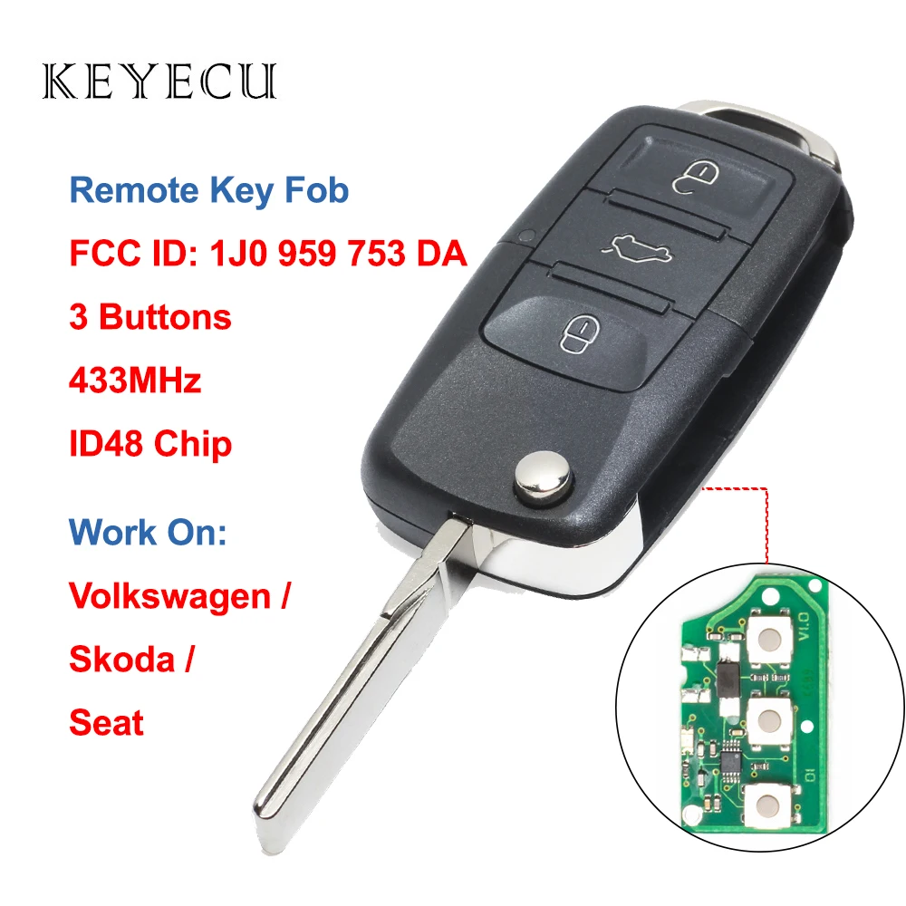 Дистанционный ключ Keyecu 1J0 959 753 DA 3 кнопки 433 МГц для Volkswagen VW Golf Passat Beetle for Seat Leon Skoda
