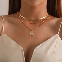 vintage bohemia gold coin layered chain necklaces fashion round hang tag snake chain herringbone necklace women jewelry gifts