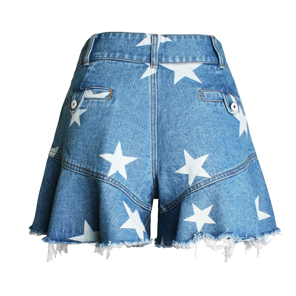 

Spring high waist slim star print Ruffle wide leg shorts A-line fishtail short skirt pants