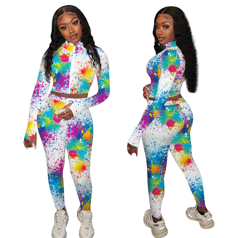 

2 Pcs Women Slim Print Tracksuits Autumn and Winter Long Sleeves High Collar Cardigan+Trousers 3 colors Outfits 2020