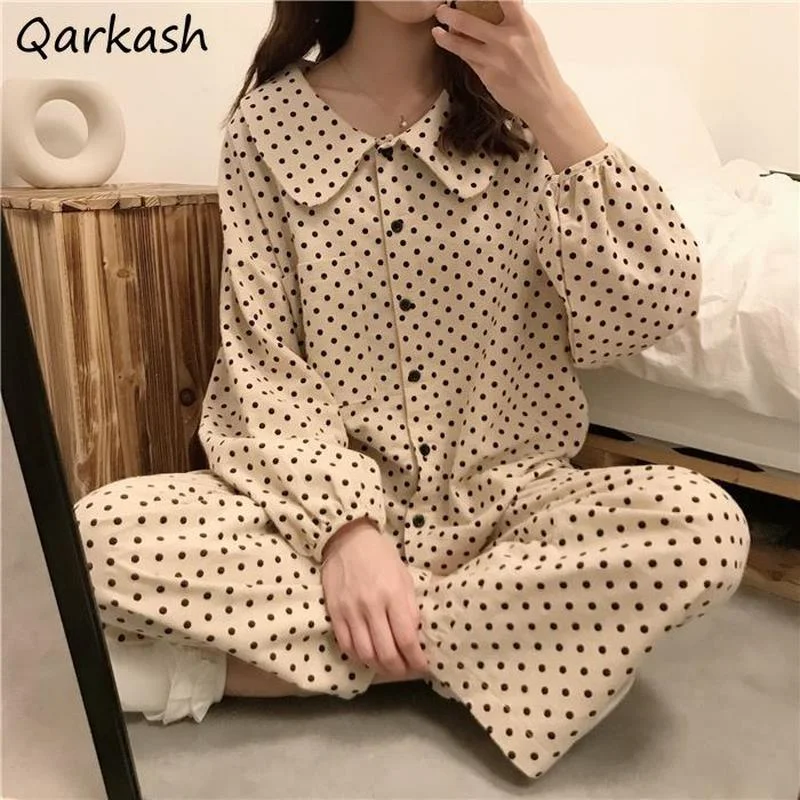 

Pajama Sets Polka Dot Long Sleeve Single Breasted Loose Homewear Leisure Ulzzang Sweet College Mujer Chic Comfortable Cotton New