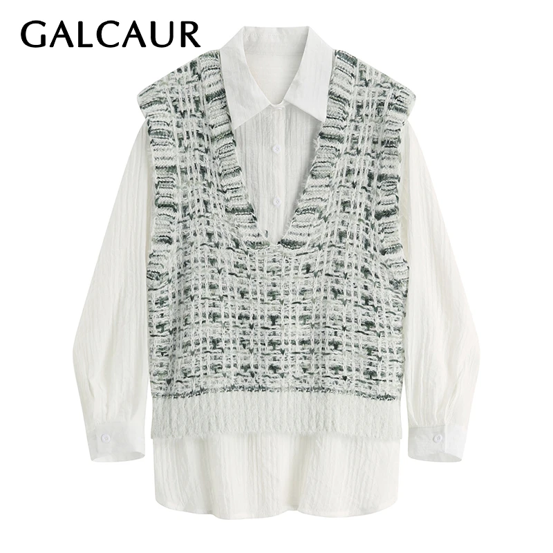 GALCAUR Лоскутная твидовая Женский комплект 2 шт. рубашка с отложным воротником и