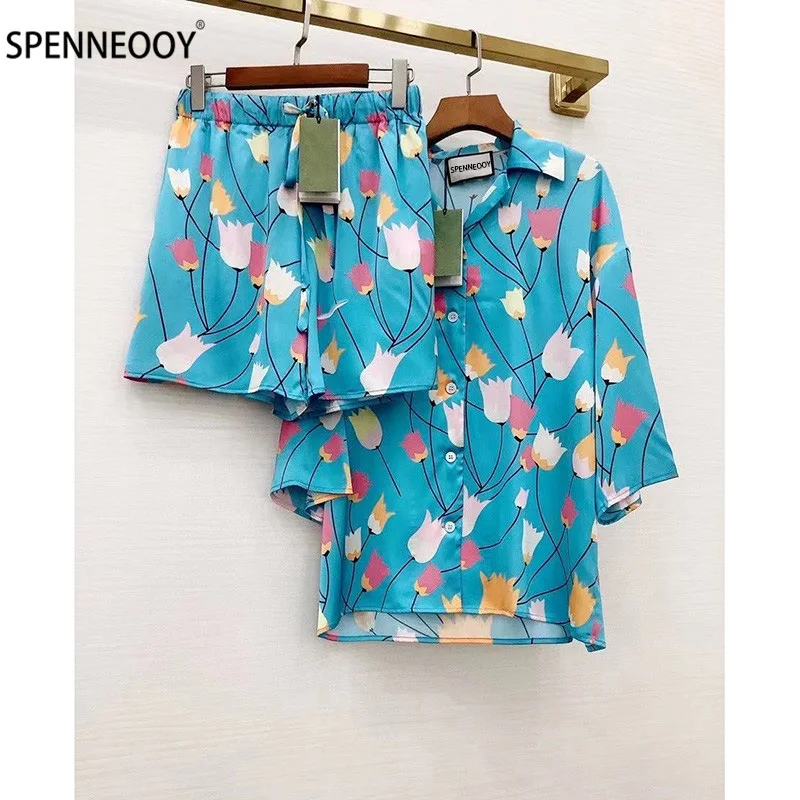 

SPENNEOOY Designer Brand Summer Blue Pajamas Two Piece Set Women Fashion Long Sleeve Tulip Print Blouse + Shorts