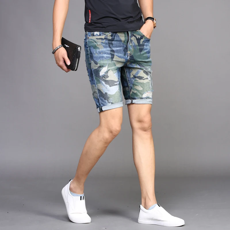 Men Ripped Denim Shorts Camouflage Jeans Summer Thin Stretch Straight Fit Pants Fashion Streetwear Knee Length Trousers