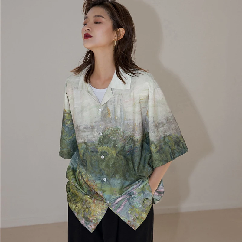 

Oil Painting Short Sleeve Blouse Shirt Women Summer Shirts Loose Button Up Shirt Fashion 2020 Aesthetic Clothes