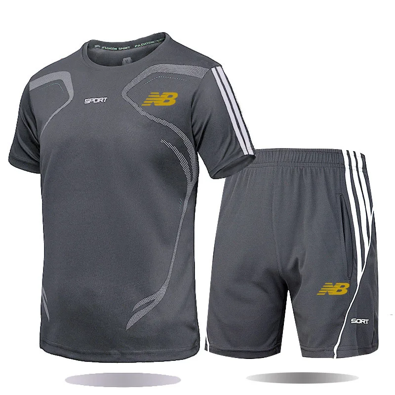 

2021men'snew fashion fitness clothes sports suit printed casual O-neck breathable T-shirt + sports shorts men's running wear
