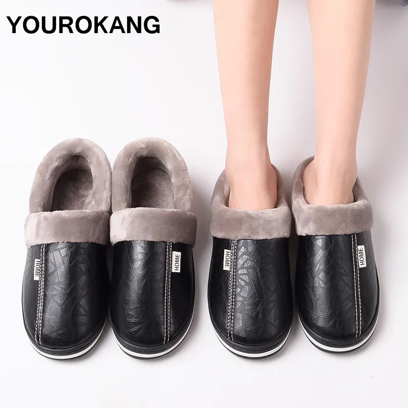 Couple Home Slippers Winter PU Leather Women Plush Slippers For Lovers Plus Size Indoor Warm Furry Soft Floor Female House Shoes