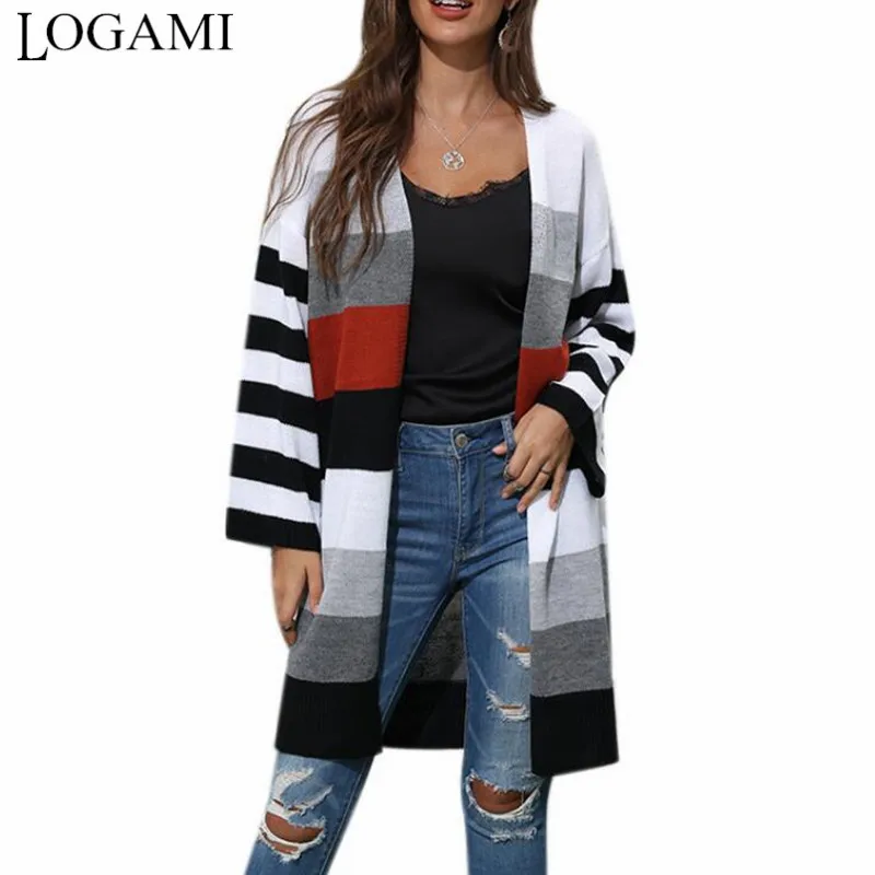 

Кардиган женский вязаный, полосатый, лоскутный, длинный, осень