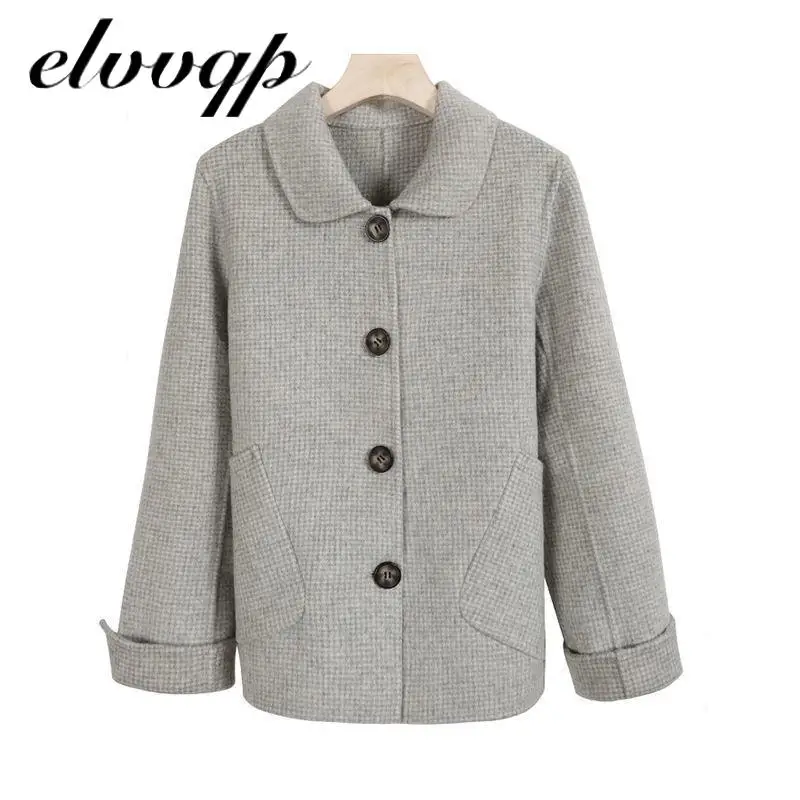 Женское Короткое шерстяное пальто в клетку однобортное зимнее из чистой шерсти с