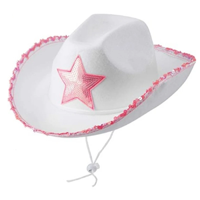 

Новинка 2022, Повседневная белая фетровая ковбойская шляпа с розовой звездой, регулируемая уличная шляпа для вечеринки