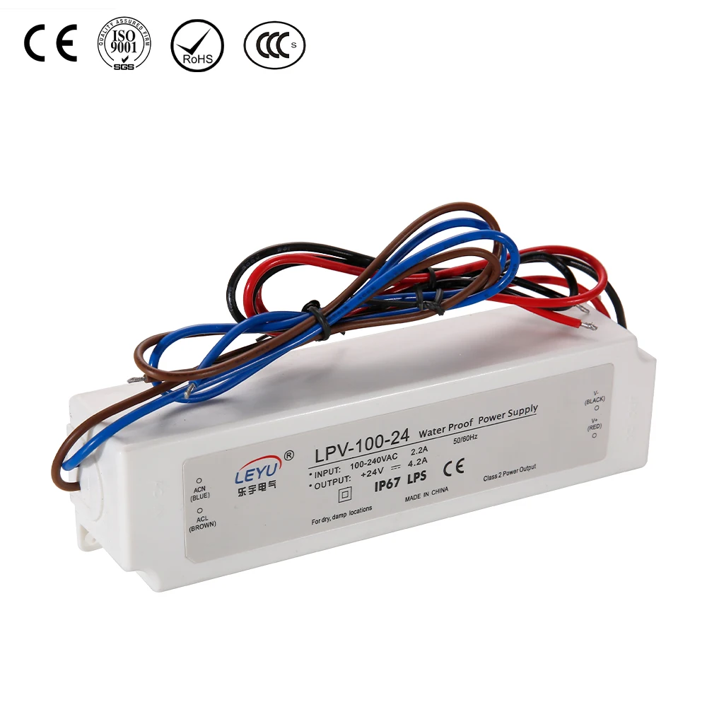 

plastic class two 100w waterproof power switching 15V 6.7A single output 47/63hz with CE RoHs two years warranty