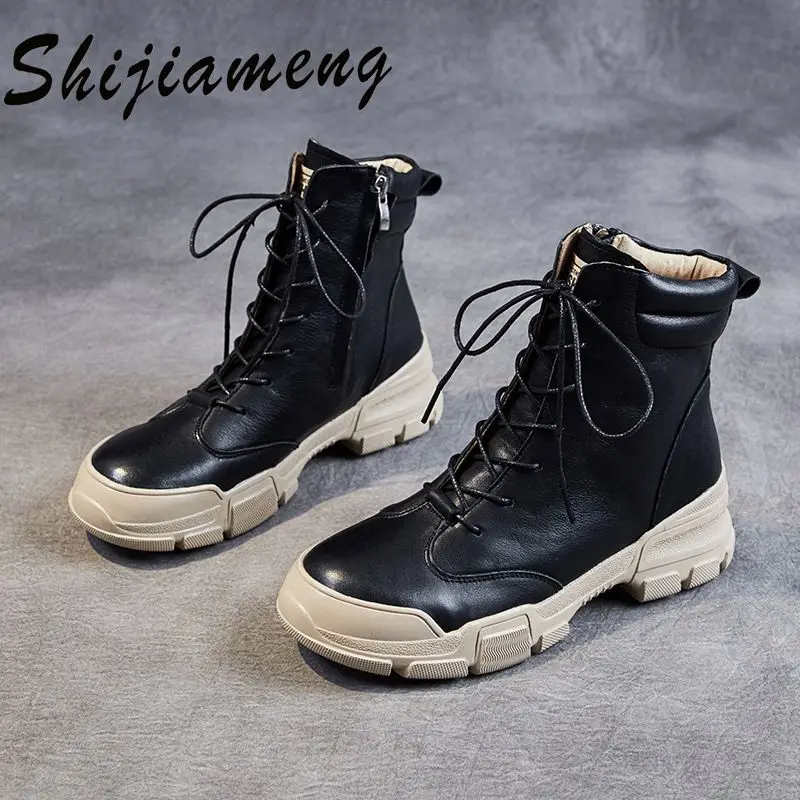 

Martin boots women's leather autumn winter 2021 new black versatile thick heel lace up women's boots retro flat bottom boots