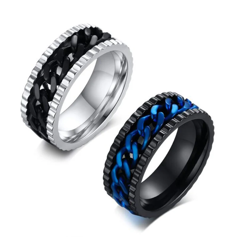 Мужской синий вертушка с цепочкой черное кольцо из нержавеющей стали для