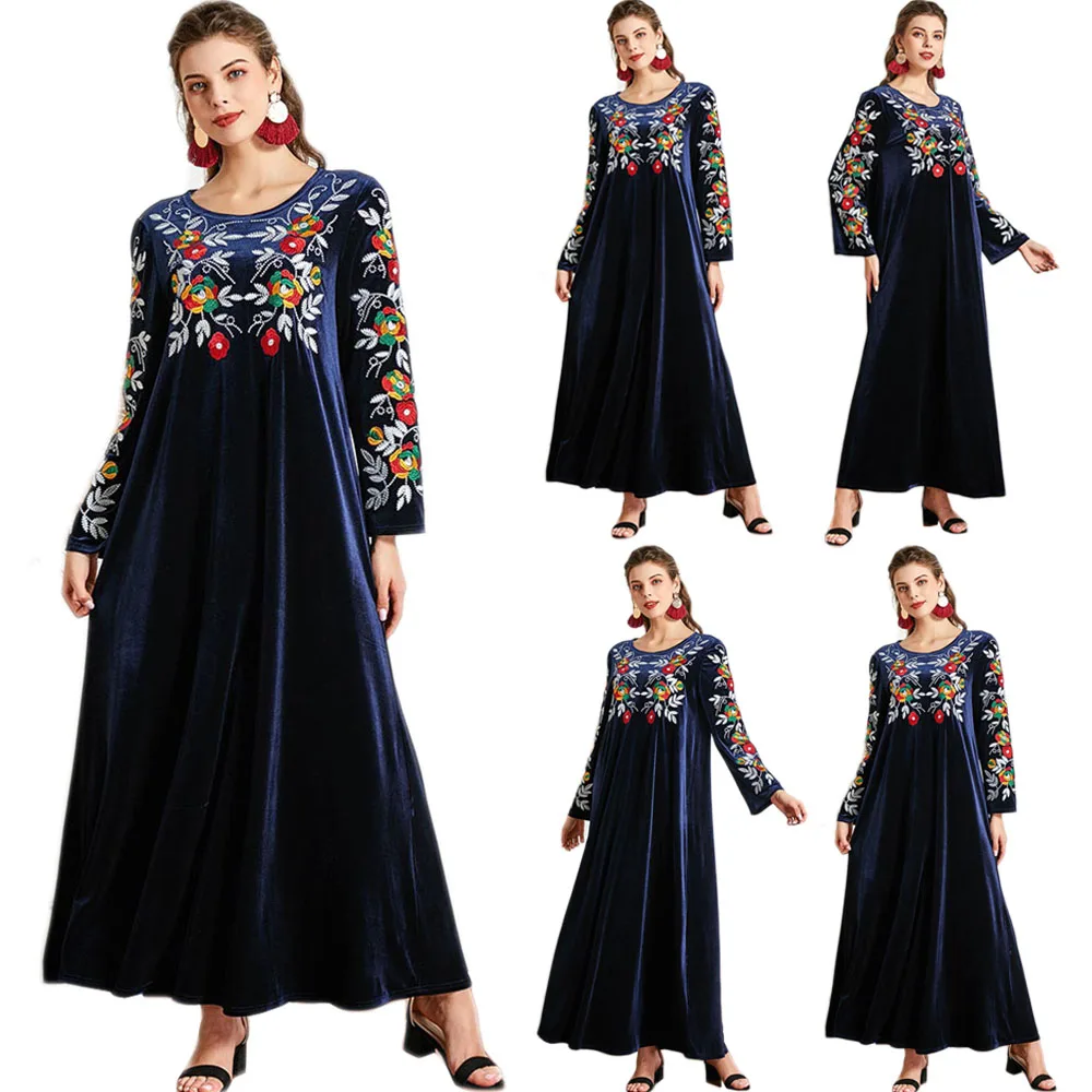 

Модное женское бархатное длинное платье с вышивкой в мусульманском стиле зимнее теплое Рамадан кафтан абайя Исламская арабвечерние ринка ...