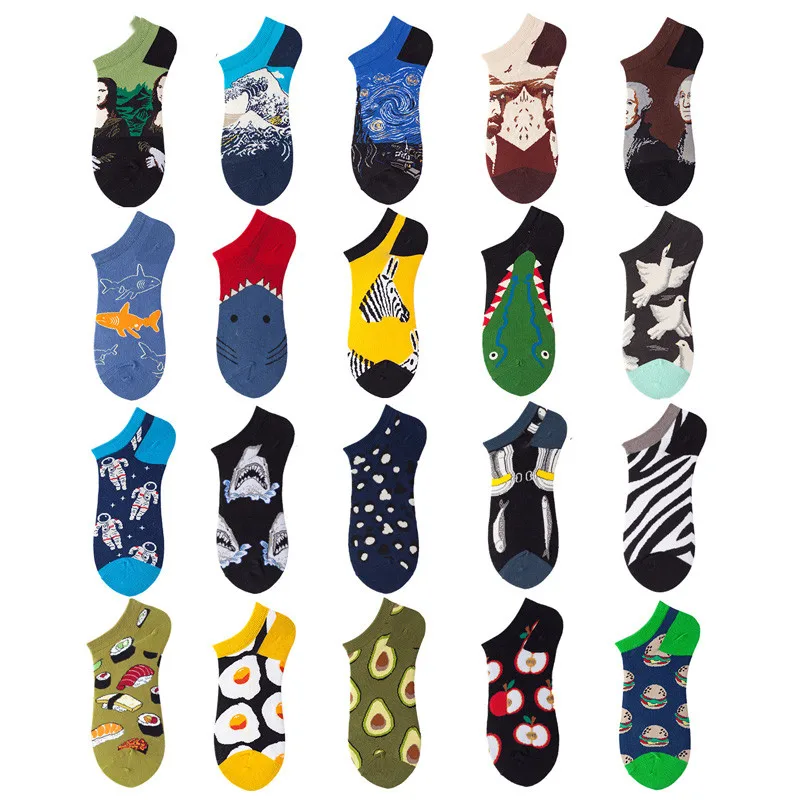 5Pairs Animal Fruit Funny Cotton Happy Invisible Summer Boat No Show Socks Women Men Short low Cute Sock Slippers Silicone Socks
