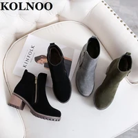kolnoo handmade newest ladies chunky heels boots faux kid suede leather side zipper ankle martin boots daily wear fashion shoes