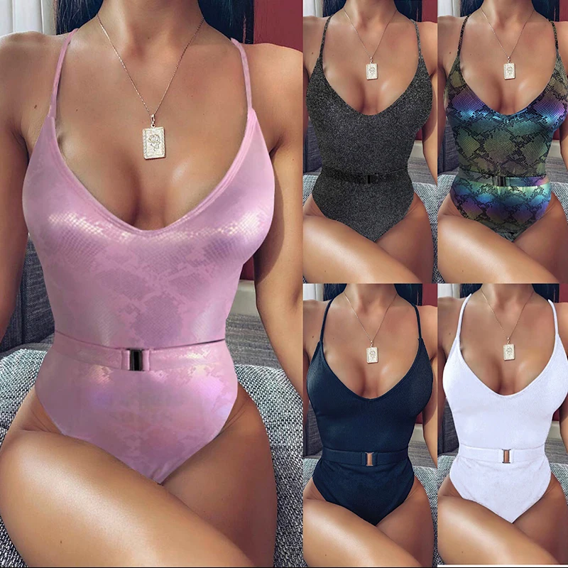 

2020 Sexy Women Push Up One Piece Bikini Swimwear Backless Brazilian Swimsuit Female Solid Biquini With Belt Bathing Suit New