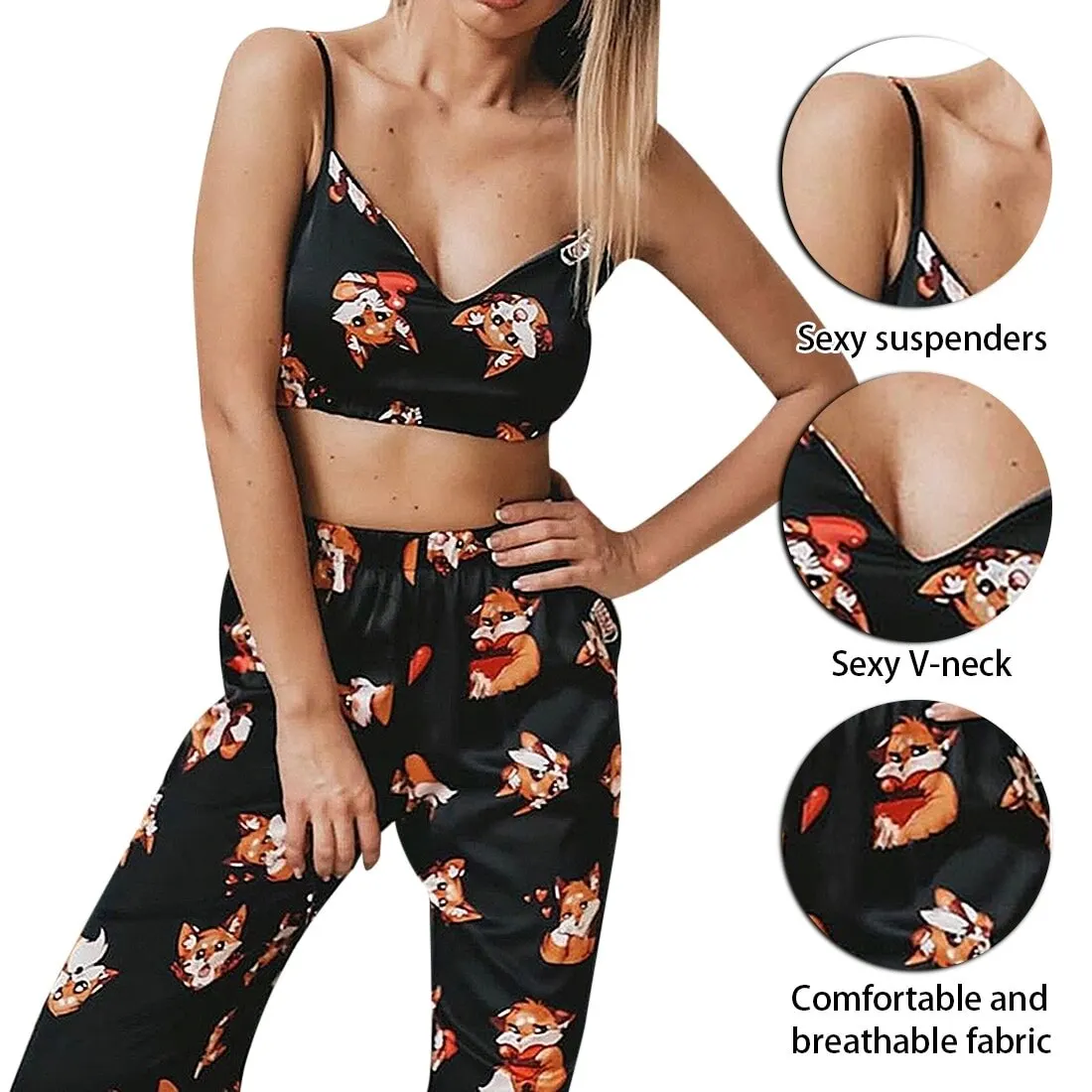 

2021 Lace Spaghetti Strap Pajamas Print Summer Two Piece Set Top And Pants Sleepwear Satin Women V Neck Sexy Nightwear Pattern