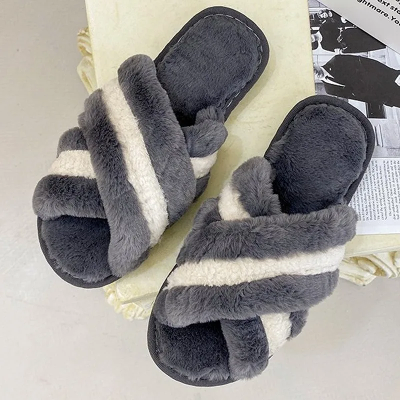Зимние женские домашние тапочки из искусственного меха теплая обувь на плоской