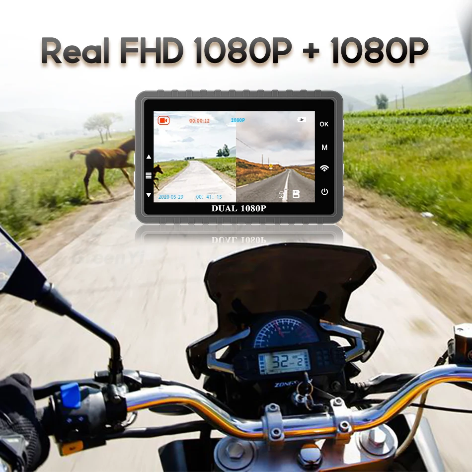 GreenYi FHD 1080P 3 дюйма IPS мотоцикл Dash Cam WiFi Водонепроницаемый спереди и сзади Камера