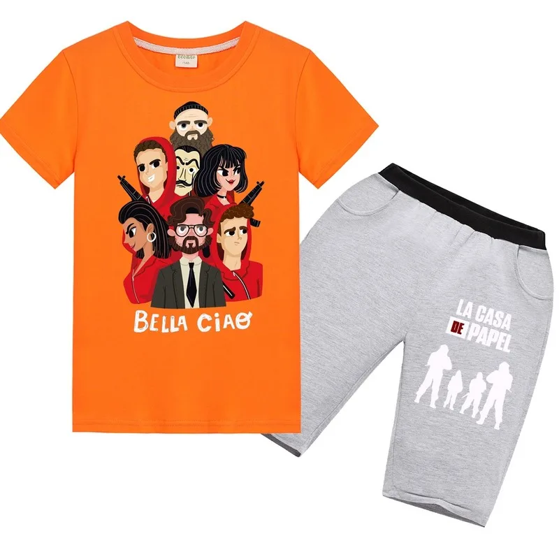 

2020 New Summer Short Sleeve Baby Girl Clothes Set Movie La Casa De Papel Cartoon Printing Teenage Toddler Children Clothing Top