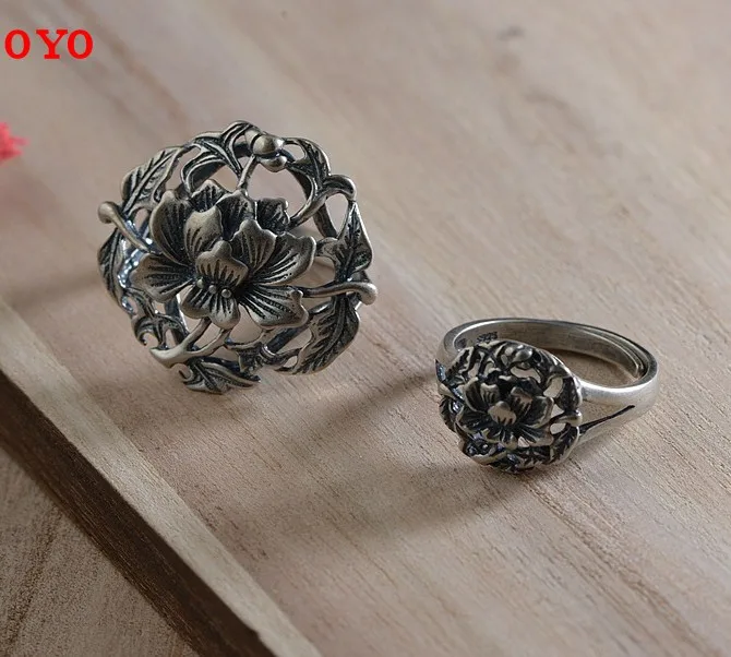 

100%S990 sterling silver antique style female flowers rich matte New Gift Thai silver ring