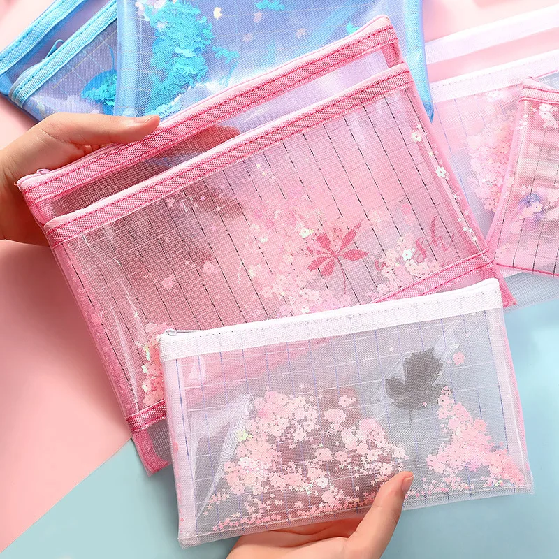 

A5 Mesh File Bag Multi-layer Storage Pencil Case Flow Salad Chain Information Bag Kawaii Makeup Korean Stationery