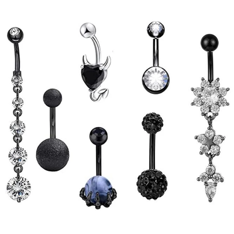 

JINGLANG Flowers Belly Button Ring Rhinestones Navel Earring Body Piercing Steel Barbell Holiday Beach Jewelry 7pcs