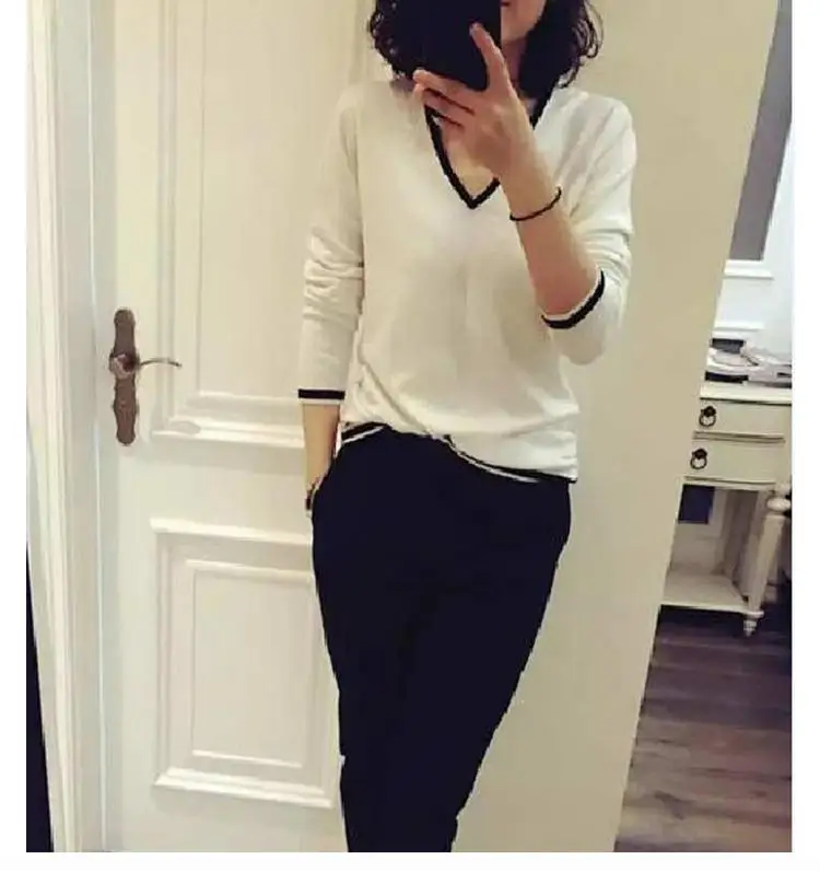 

spring v-neck sweater knitted full sleeves short casual women pullover