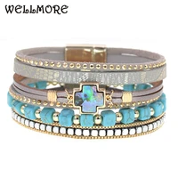 wellmore bohemia cross bracelets for women stone beaded wrap bracelets fashion leather bracelets bangles female jewelry
