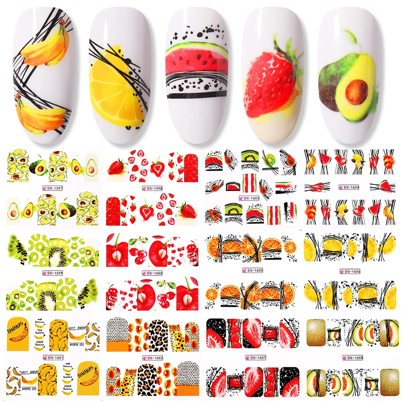 1 Лист водных наклеек для маникюра с рисунком арбуза/киви/лимона с паутинными линиями.
