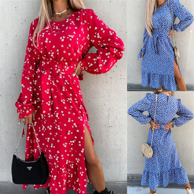 

Женское Элегантное Длинное пляжное платье-рубашка, осеннее платье с цветочным принтом и длинным рукавом, с разрезом, повседневные шифоновы...