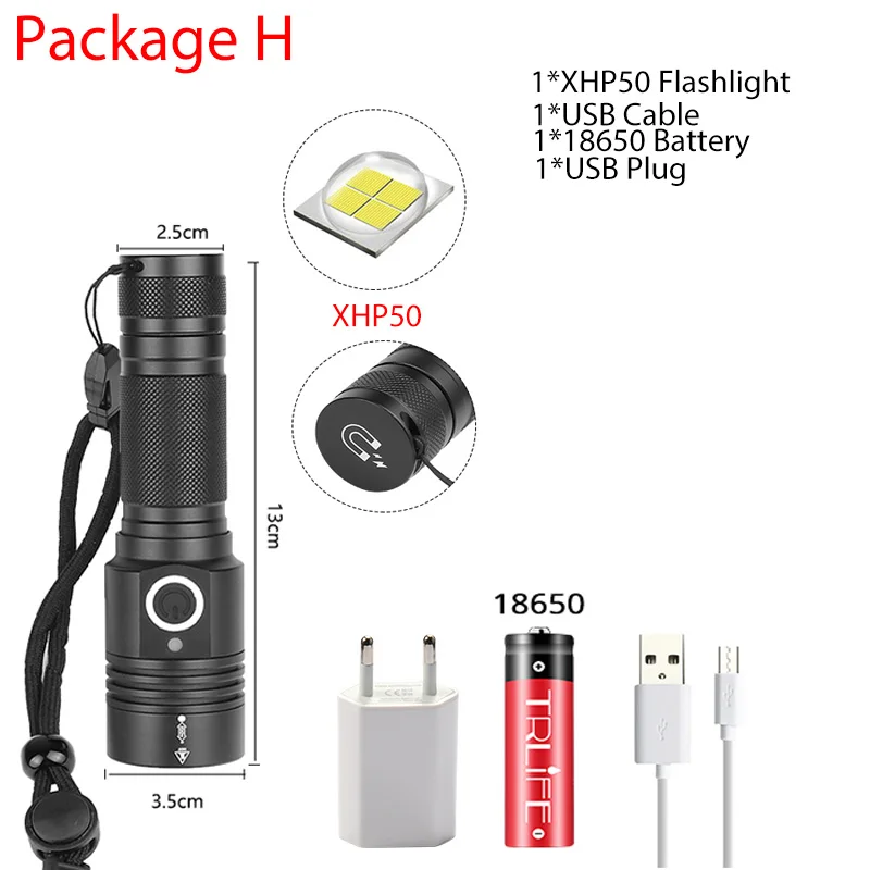 H-XHP50 XHP70.2 светодиодный фонарик ультра яркий XHP50 водонепроницаемый фонарь USB Перезаряжаемый фонарь с зумом для кемпинга рыбалки с 18650 - Испускаемый цвет: H-XHP50