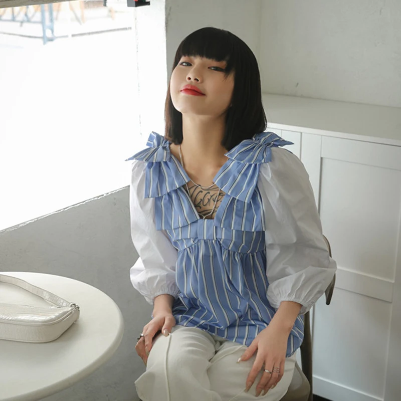 

XIZIHUPAN Casual Striped Hit Color Shirt For Women V Neck Puff Long Sleeve Patchwork Bowknot Slim Blouses Female Summer 2021 New