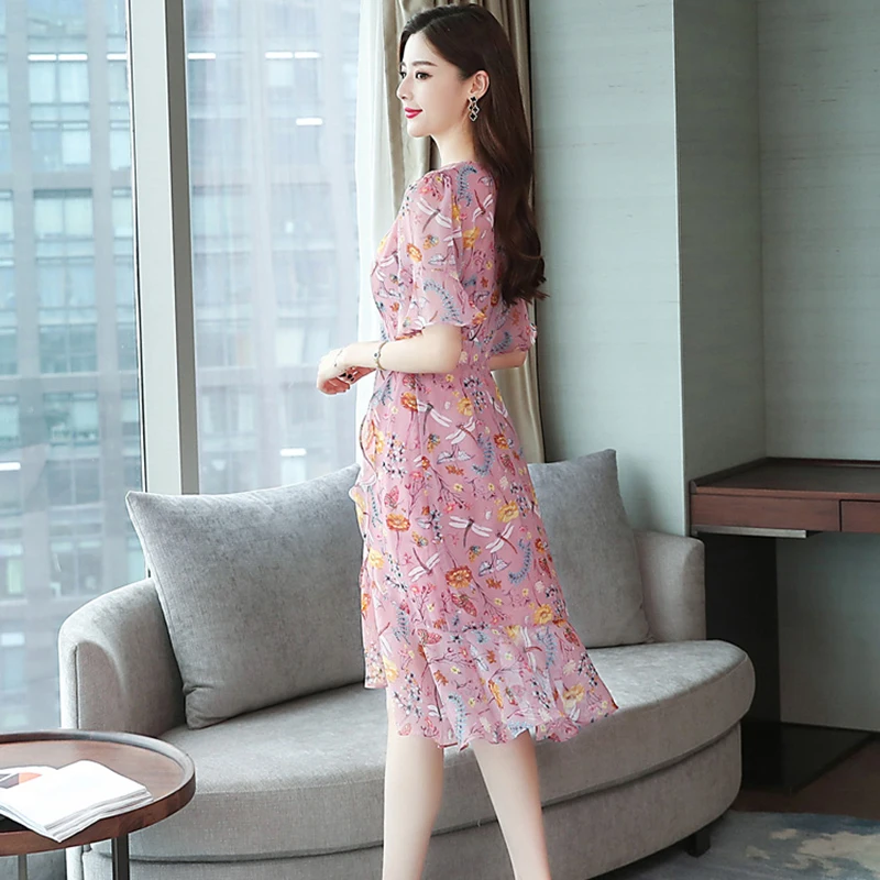 Цветочный принт вечерние летние миди розовый женское платье с длинным Плюс