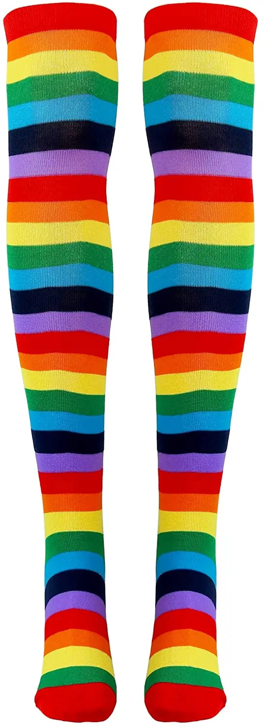 

Цветные радужные полосатые носки выше колена, Костюмы Клоуна в полоску, аксессуары, высокие чулки для мужчин, женщин и детей