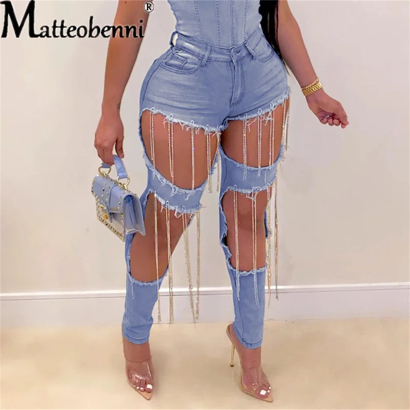 

2021 Summer Denim Pants Women Retro Solid Sexy Hole Jeans Ripped Chain Tassel Trousers Street Skinny High Waist Ladies Pants