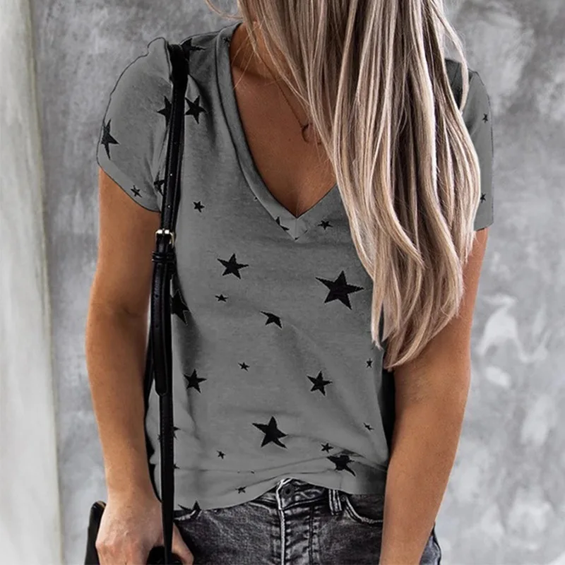 

Fall summer V-neck T-shirt digital print star short sleeve T-shirt for women
