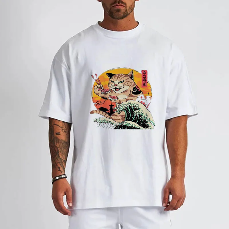 

Cat Print Anime T-shirts With Short Sleeves Men T-shirt Man Summer White Sleeve Fashion Men's Mens Clothes for Funny Tshirt Tee