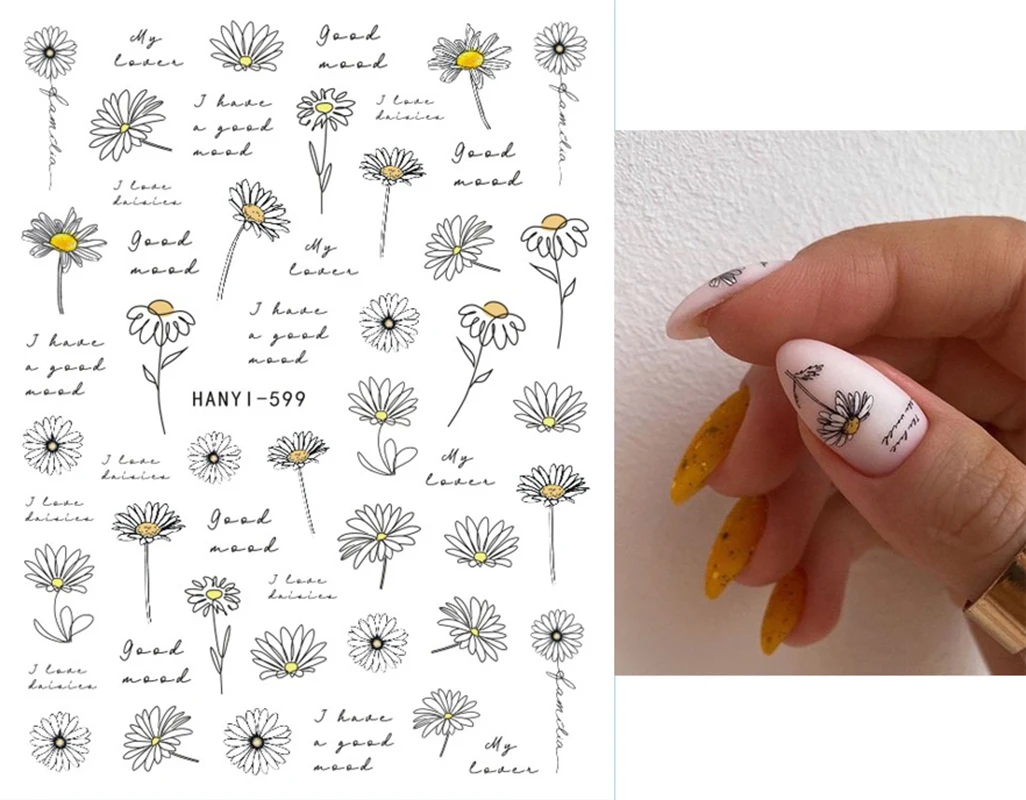 

Черные линии, рисунки, маргаритки, цветы, искусство ногтей, задний клей, наклейка для ногтей, Типсы, красота ногтей