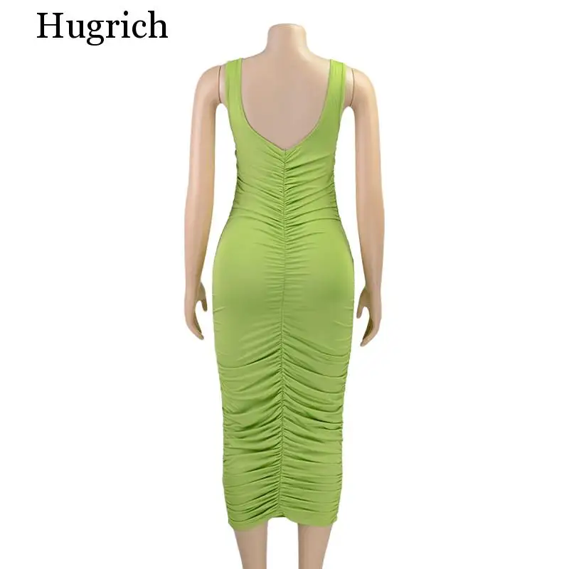 

Ruched Solid Sexy Bodycon Party Dresses Women Fashion Sleeveless Skinny Clubwear Basic Hot Midi Dress 2020 Slim Female